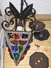 Black Metal Pendant Ceiling Light Chain, Multicolour Geometric Stained Glass