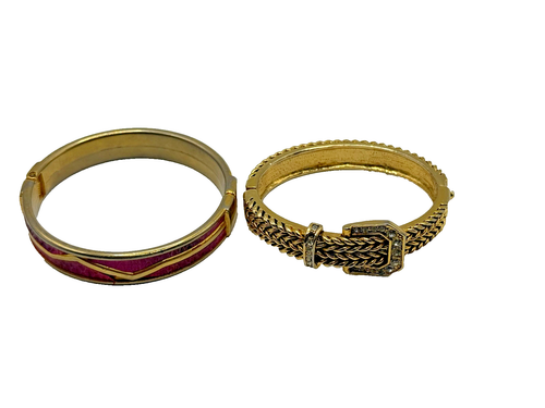 Set of 2 Gold Plated Bracelets Pink Enamel Bangle Chain Belt Faux Rhinestone - Picture 5 of 7