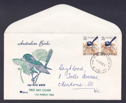 1964 AUSTRALIAN BIRDS 2'5 BLUE WREN PRE-DECIMAL STAMP ROYAL FIRST DAY COVER #10