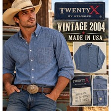Vintage 2004 Twenty X Wrangler Mens L Blue Chambray Shirt Made in USA