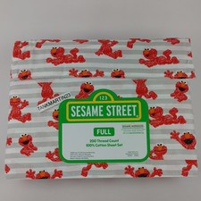 Sesame Street Cotton Full Size Sheet Set Elmo Red Gray Stripe