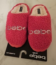 BEBE Girls Fuchsia Faux Fur Embellished logo Slip-On Slippers Size X-large 4-5 