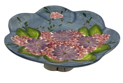 Laurie Gates Ceramic Floral Pedestal Small Cake Dessert Stand Blue Glaze Spring