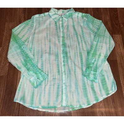 Foxcroft NYC Green Tie Dye Stripe Cotton Button Up Shirt Relaxed Fit Size 8