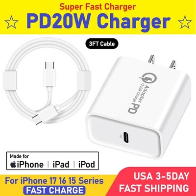 Fast Charger Block Adapter Fit iPhone15 16 17 Series Fast Wall Plug Type-C Cable