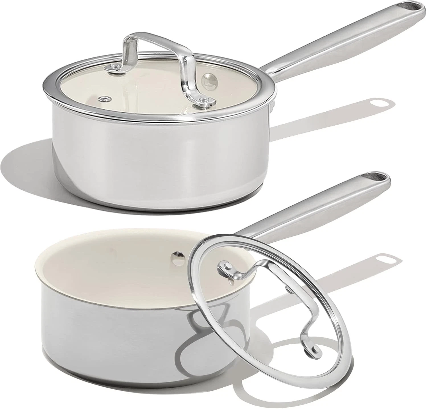 Non-Stick Stainless Steel Saucepan Set,. 5qt & 3qt Ceramic Pot Set w/Lids, White