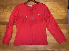 Vintage Sa’sa Red Fringe Western Top USA Made – Size L - Shoulder Pads - Conchos