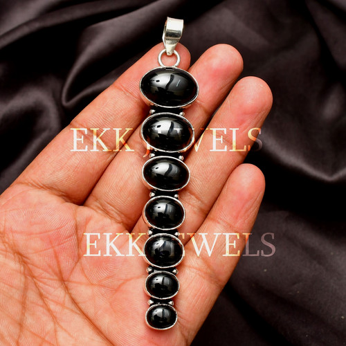 Natural Black Onyx Gemstone 925 Sterling Silver Handmade Jewelry Pendant 2.80"