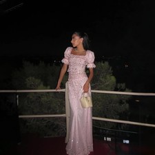 Crystal Sequin Square Neck Short Sleeves Evening Gowns Mermaid Party Dresses