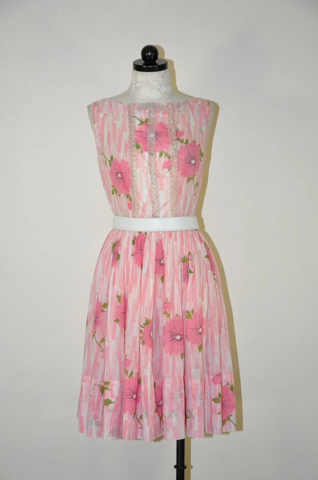 60s Vintage Pink Rose Floral Cotton Gauze Lace Sleeveless Full Skirt Day Dress S - Image 2 of 4
