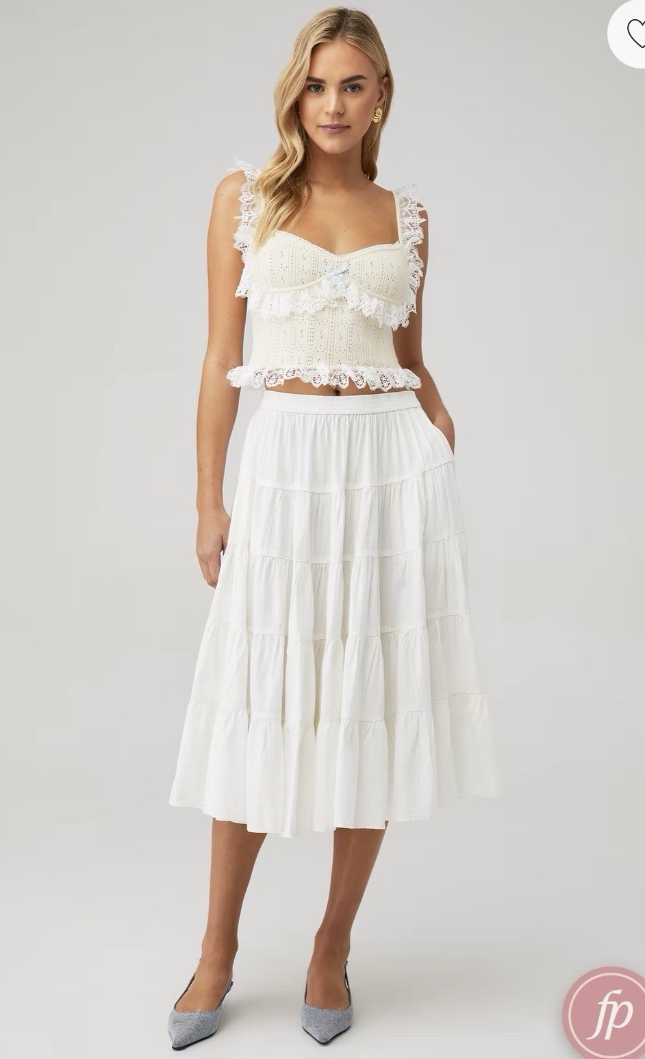 Free People Tiered Midi Boho Peasant Style White/Ivory Skirt Size XS EUC