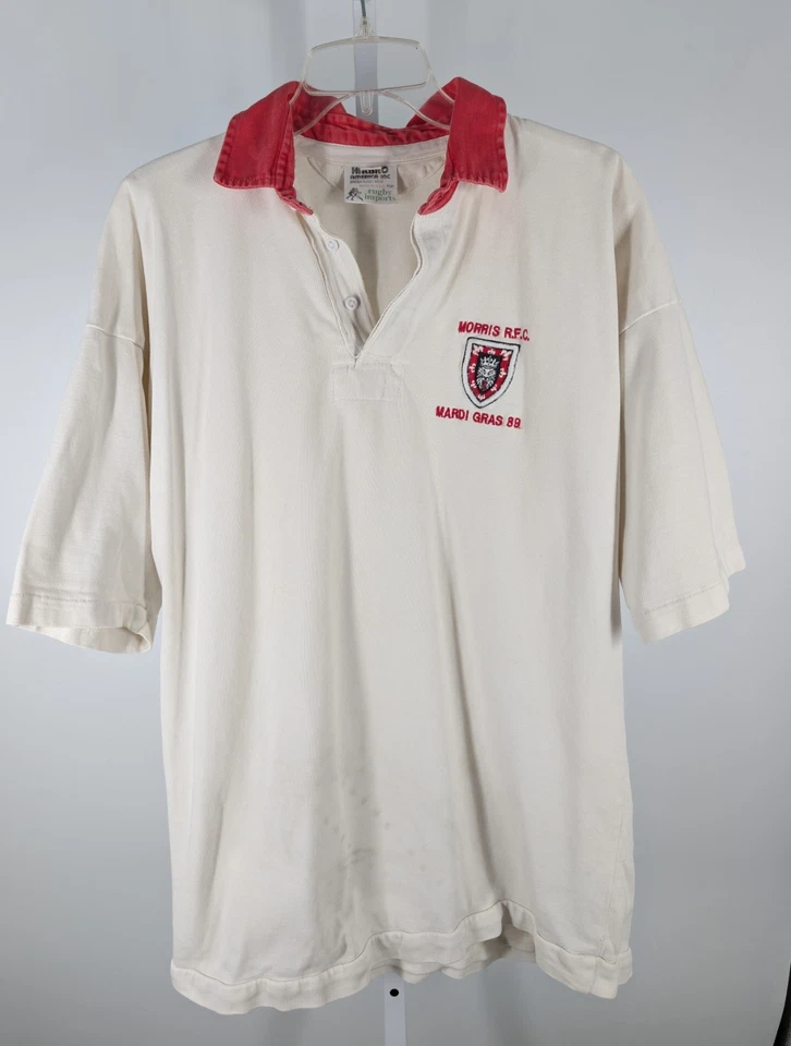 Camisa de Rugby Morris RFC 1989 Torneo de Mardi Gras Golpeada Blanca Roja 48 Foto 2 de 4