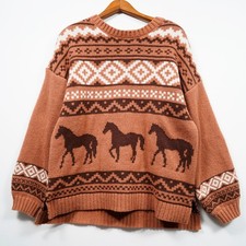 Western Horse Graphic Knit Sweater Brown Oversized S NWT