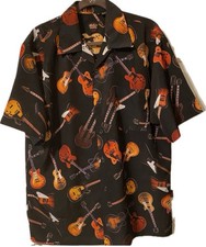 Gibson Tour Wear Button-Down SS Shirt Mens Large Black All Over Guitar Print EUC
