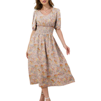 Damen Midi Sommerkleid Ausgestellt Luftig Blumen Beige S