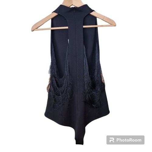 Body MAXIMILIAN DAVIS Talla 8 Negro Escote Embudo Sin Mangas Flecos de Seda - Imagen 8 de 17