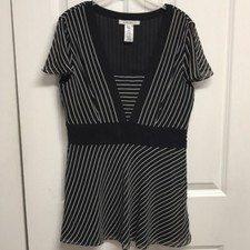 Nine West Black White Stripe Flutter Sleeve Layered Silk Top Size 6