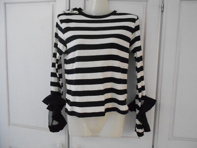 Zara Black/Cream Striped Fine Knit Jumper W/Button/Sleeve Cuff