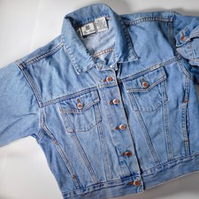 VTG 80s 90s Bill Blass Womens M Trucker Denim Crop Jean Jacket Blue Light Wash