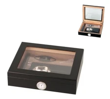 15 CIGAR HUMIDOR GIFT SET BLACK w. GLASS TOP incl ASHTRAY, CUTTER, HUMID, HYGR.