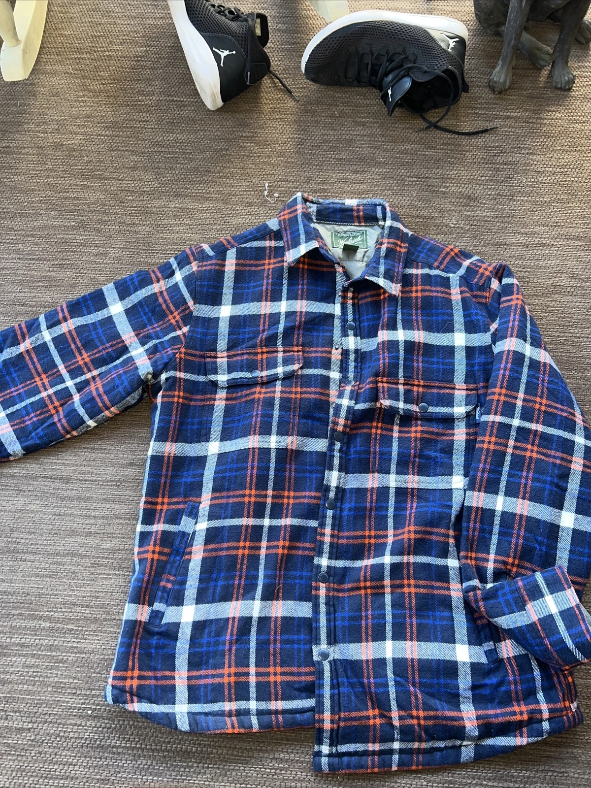 Woolrich Men Plaid Button Down Flannel Jacket Orange Blue Quilted Large-VTG