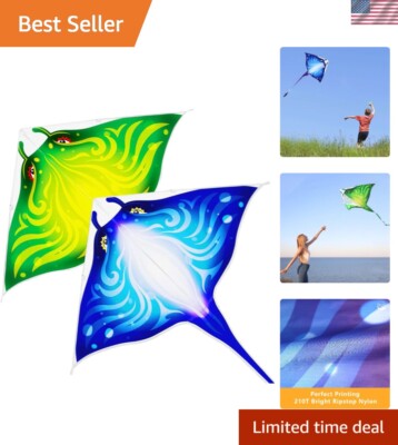 Bright Easy-Flying Kite for Kids & Adults - Manta Ray Design with String Line