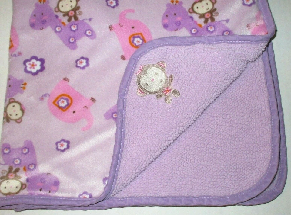 Tiddliwinks Monkey Giraffe Elephant Purple Baby Blanket Plush Sherpa 30x40 Girl - Image 2 of 4