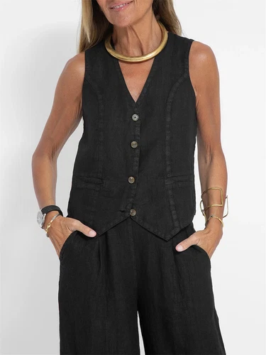 Women's 2 Piece Outfit, Sleeveless, Button Up Vest, Long Pants, Linen Set - Picture 3 of 13