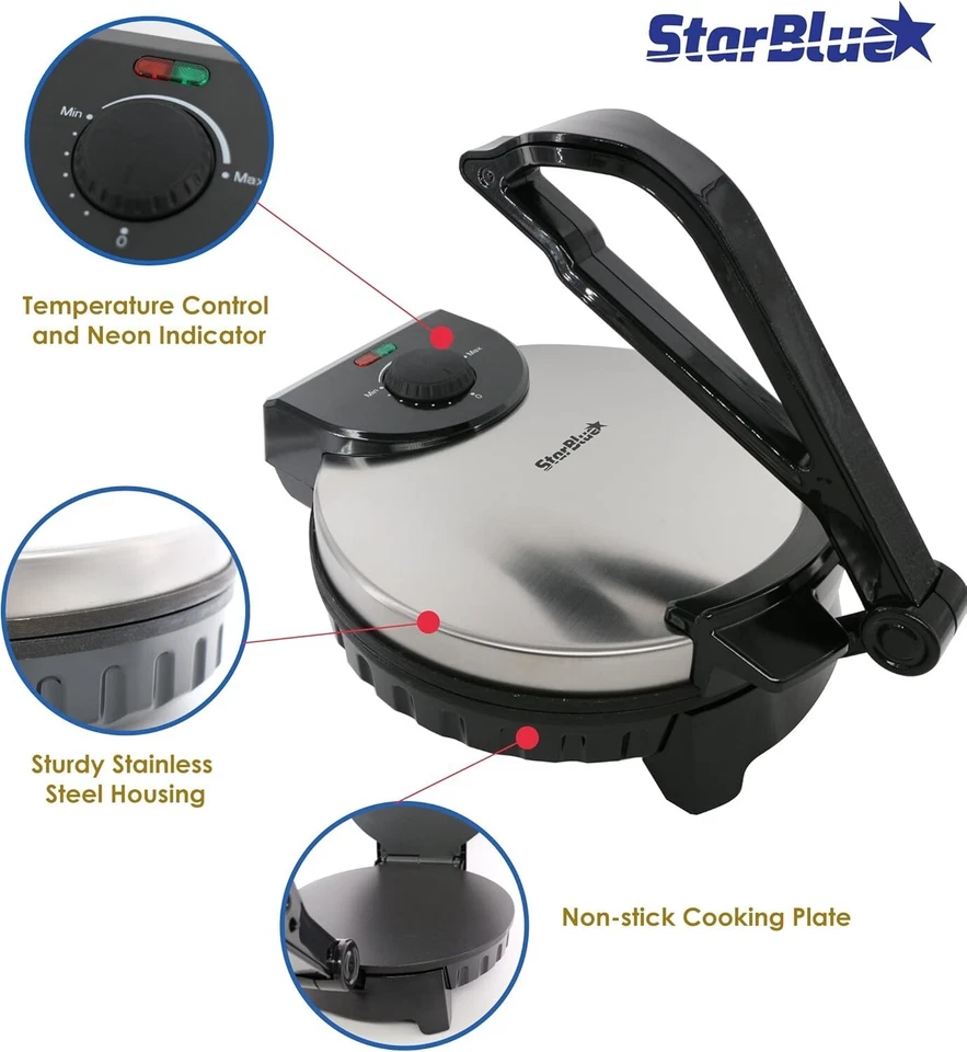 StarBlue 10" Roti Maker + FREE Warmer | Non-Stick Chapati Press | 1200W UK Plug - Image 2 of 4