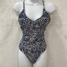 Woman's 1 Piece Swimsuit Swimwear M/L Blue Print Crisscross Back High Thigh
