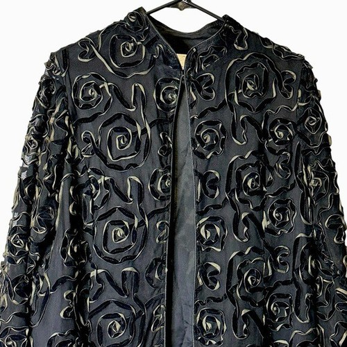 IC Collection By Connie USA Black Rose Rosette Ribbon Jacket Vintage USA 4703J M - Picture 2 of 10