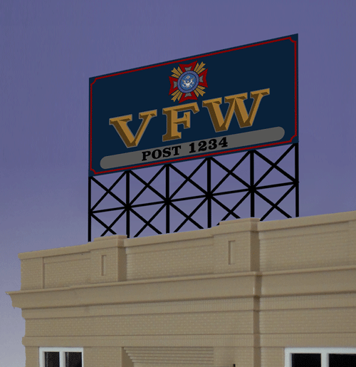 VFW POST BILLBOARD ANIMATED NEON SIGN FOR HO/N SCALE-LIGHTS, FLASHES