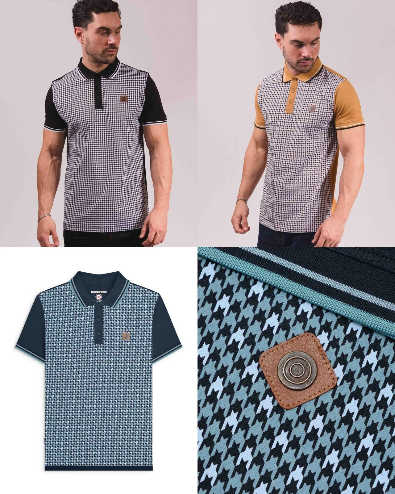 Lambretta Mens Short Sleeve Polo Shirt Cotton T Shirt Houndstooth Top Retro Tee