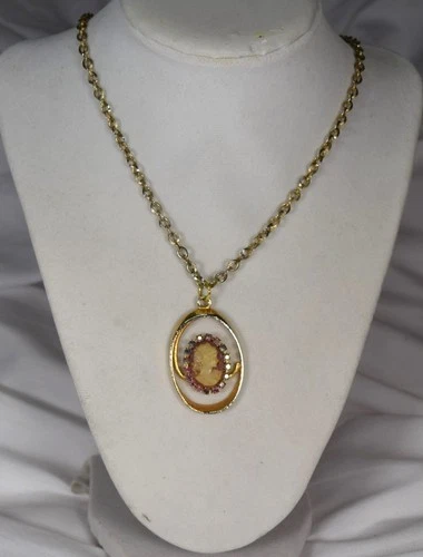 Vintage Cameo Silhouette Necklace Blue Glass Gold Tone Pendant Costume Jewelry