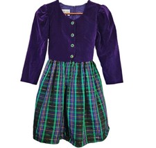 Vintage 80s 90s Amy Too Girls 7 Purple Velvet Plaid Holiday Party Dress Tartan