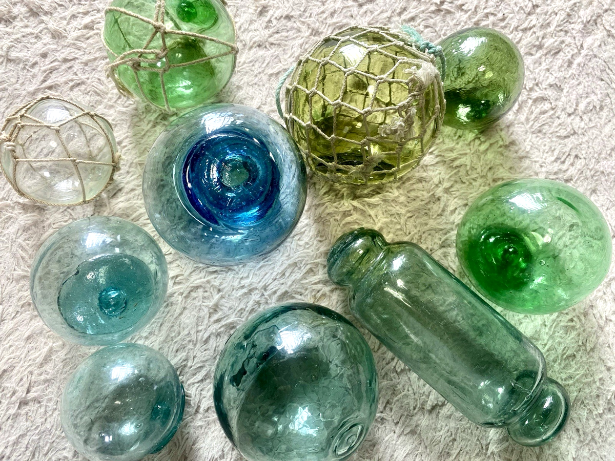 Japanese Hand-Blown Glass Fishing Floats Set of 10, Rare Marks