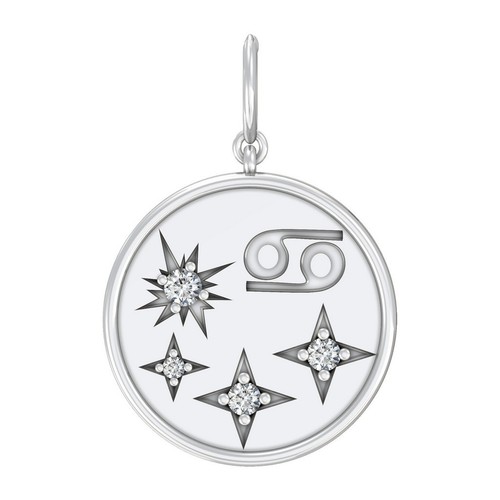 14K White Gold 0.1Ct Natural Diamond Zodiac Sign Cancer Pendant 18 ...