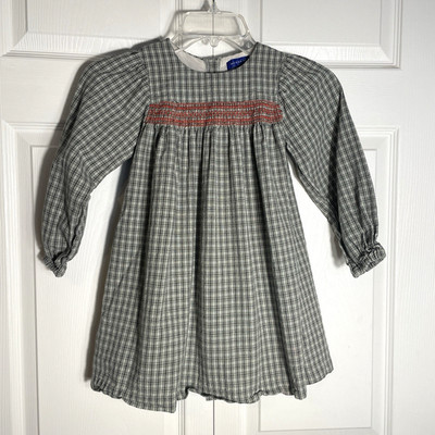 Maison Me Homespun Dress Girl 6Y Green Beige Plaid Cotton Smocked Cottagecore