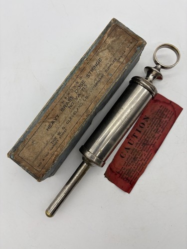 Vintage Cleveland Heavy Brass Veterinary Dose Syringe, No. VA 715, Omaha Neb.
