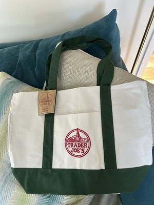 Trader Joe's Reusable Foldable Canvas Shopping Bag Green White Original
