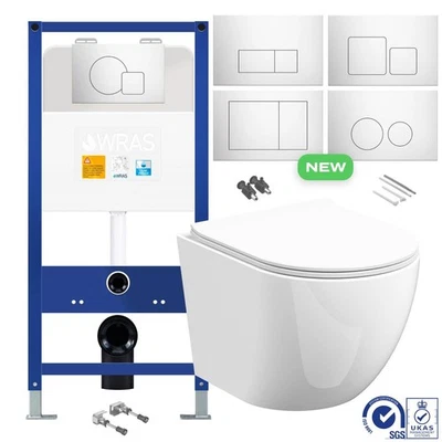BUBLY BATHROOMS™, FITHEOWNER Rimless Wall Hung Toilet Pan & Seat with 1.10m Concealed Cistern Frame WC Unit