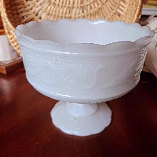 Vintage E.O. Brody Co. Milk Glass Pedestal Bowl | USA | Scalloped Edge Compote