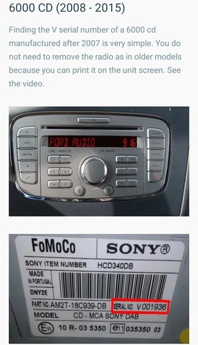 FORD RADIO STEREO CODE UNLOCK SERVICE FOCUS MONDEO FIESTA TRANSIT M & V SERIAL - Picture 7 of 11