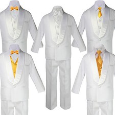 Baby Boy White Satin Shawl Lapel Tuxedo YELLOW Satin Bow Necktie Vest Set