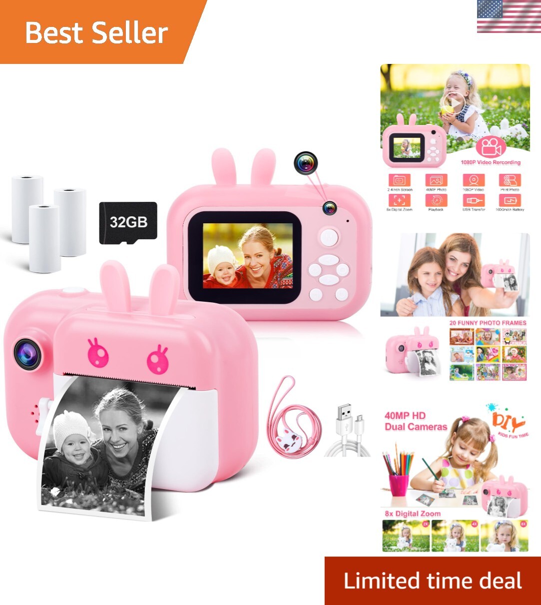 40MP Kids Instant Camera with Rechargeable Battery and Print Paper-image
