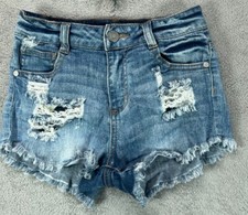 REFUGE Womens 2 Denim Shorts Blue Jean Cut Off Shorts Boho Fringe Distressed W25
