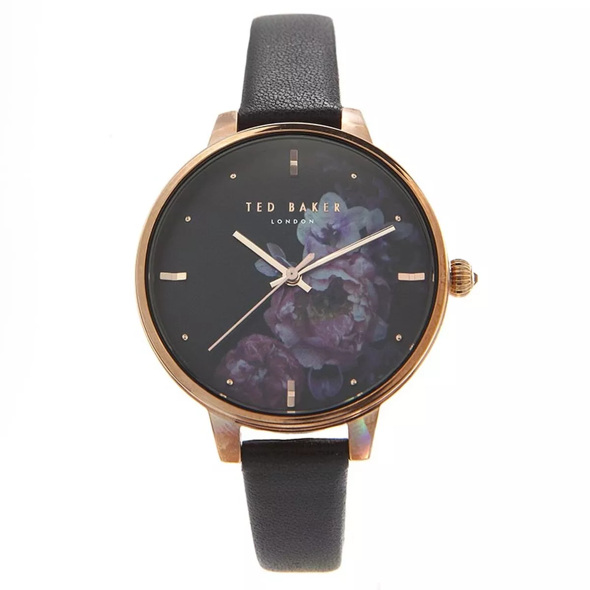 Ted Baker Ladies Floral Black Leather Strap Quartz Watch