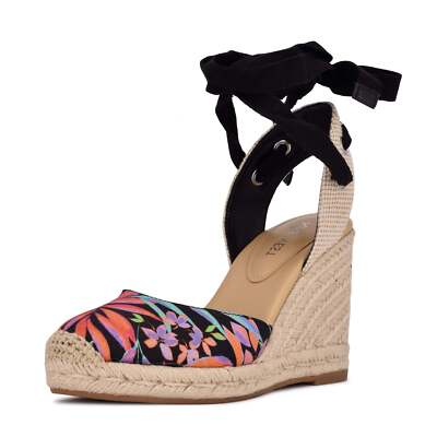 Nine West Black Multi Ankle Wrap Rounded Closed Toe Espadrille Wedges  Sandals