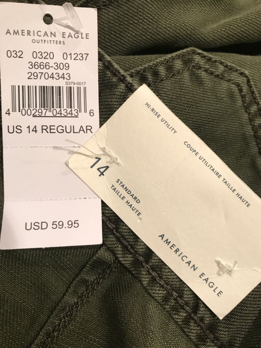 NWT AMERICAN EAGLE Hi-Rise Utility Pan 14R Olive Green Rips NWT AMERICAN EAGLE Hi-Rise Utility Pan 14R Olive Green Rips