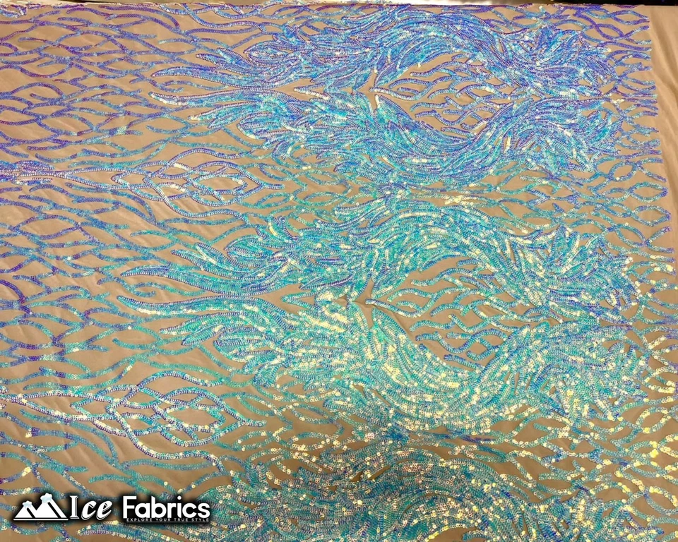 Iridescent Baby Blue On Nude 4 Way Stretch Mesh Sequin Fabric By Yard Lace - Image 2 of 4